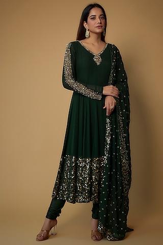 bottle green georgette embroidered anarkali set