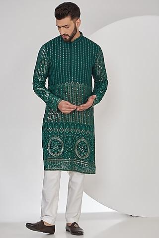 bottle green georgette embroidered chikankari kurta set