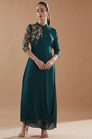 bottle green georgette embroidered draped dress