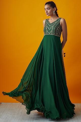 bottle green georgette embroidered dress