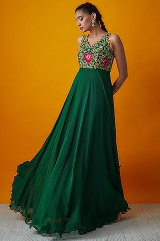 bottle green georgette embroidered dress