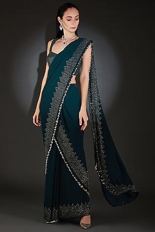 bottle green georgette metallic sequins embroidered pre-stitched saree set