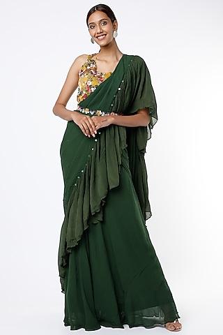 bottle green georgette saree set