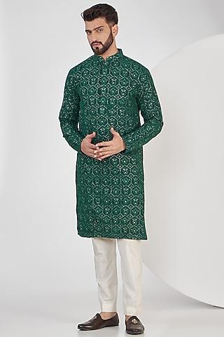 bottle green georgette sequins embroidered chikankari kurta set