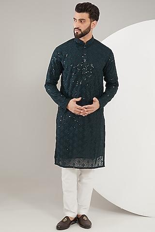 bottle green georgette thread embroidered chikankari kurta set