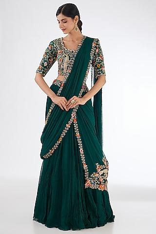 bottle green georgette zardosi embroidered lehenga saree set