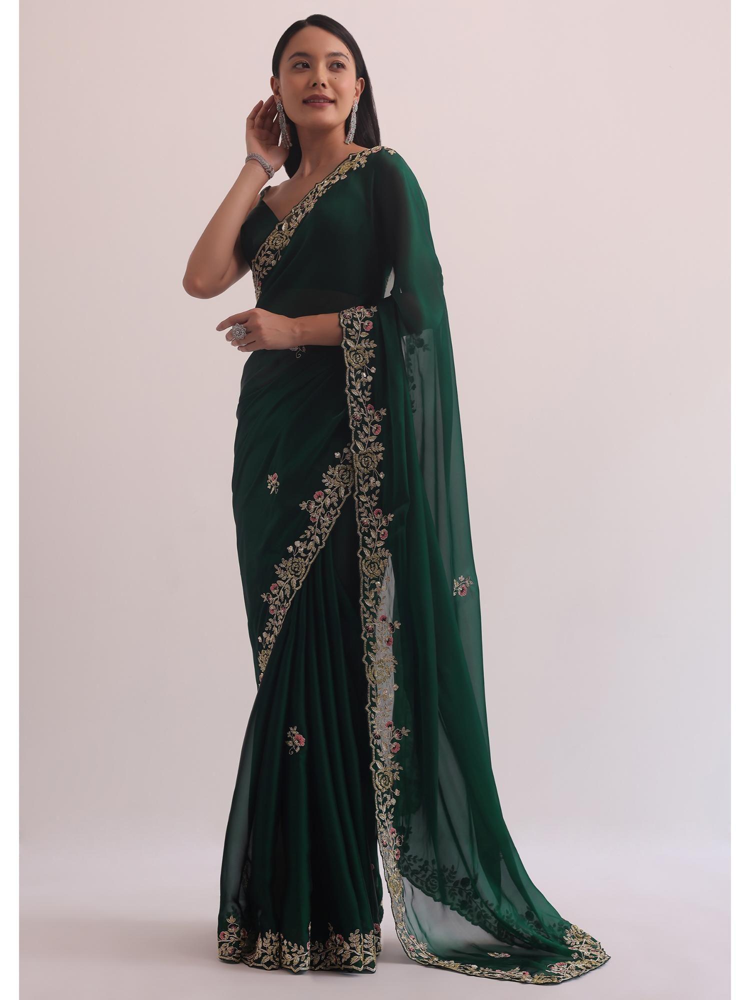 bottle green glass tissue with embroidery border saree with unstitched blouse