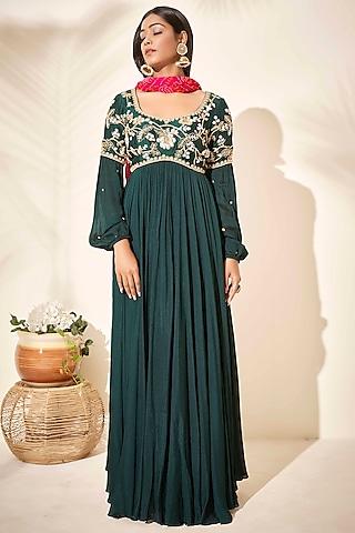 bottle green hand embroidered anarkali set