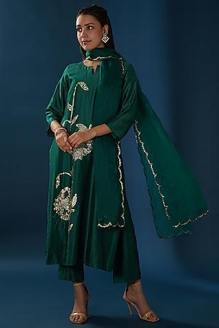 bottle green hand embroidered kurta set