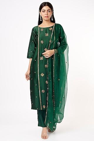 bottle green hand embroidered kurta set