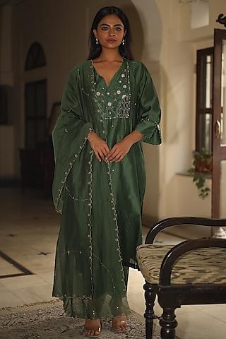 bottle green handloom chanderi silk glass beads embellished kurta set