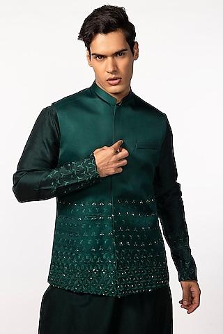 bottle green linen satin embroidered nehru jacket