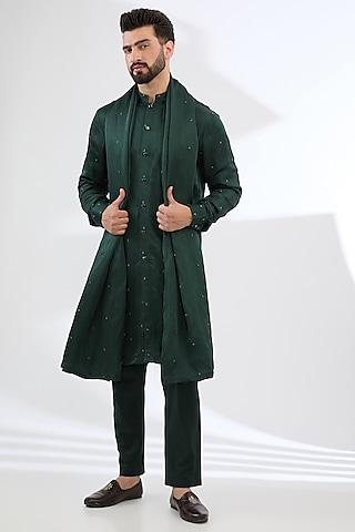 bottle green linen satin french knot embroidered kurta set