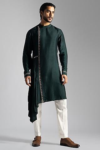 bottle green linen satin sequins & thread embroidered draped kurta set