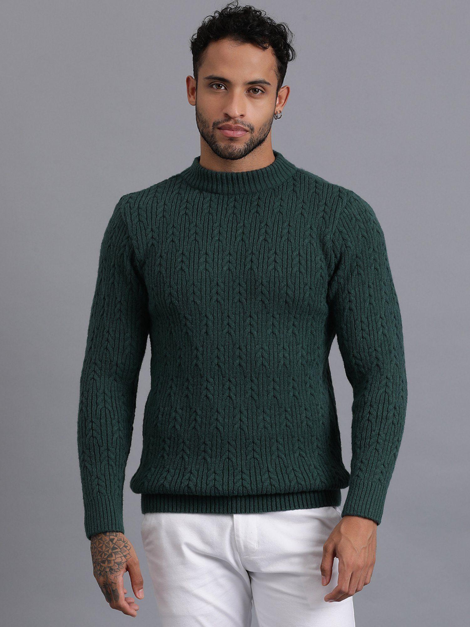 bottle green luxury all over heavy cable knitted mens wool pullover sweater