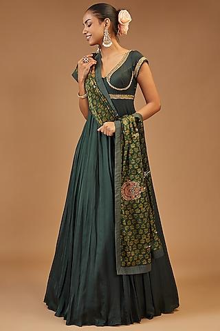 bottle green modal silk anarkali set