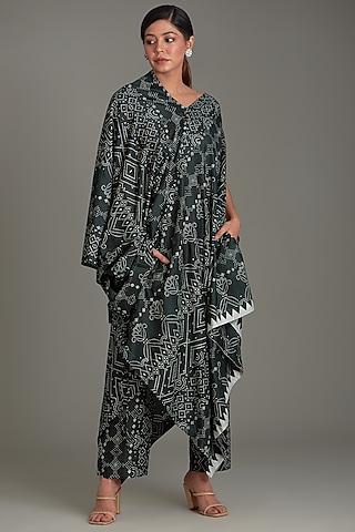 bottle green mulberry silk printed tunic set