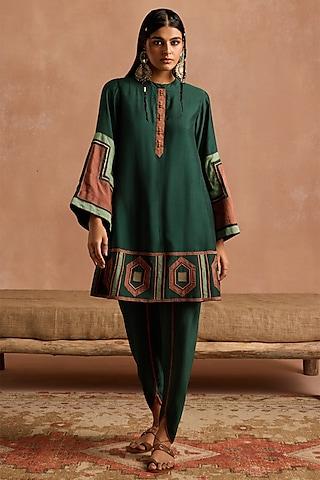 bottle green muslin applique patchwork peplum kurta set