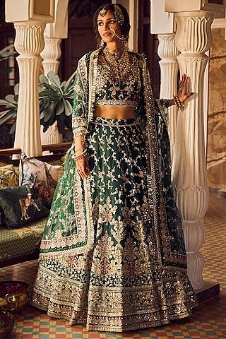 bottle green net embroidered lehenga set