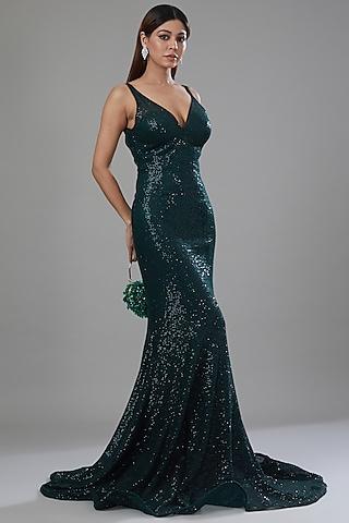 bottle green net gown