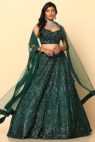 bottle green net sequin embroidered lehenga set