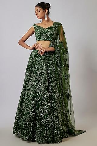 bottle green organza sequins thread embroidered lehenga set