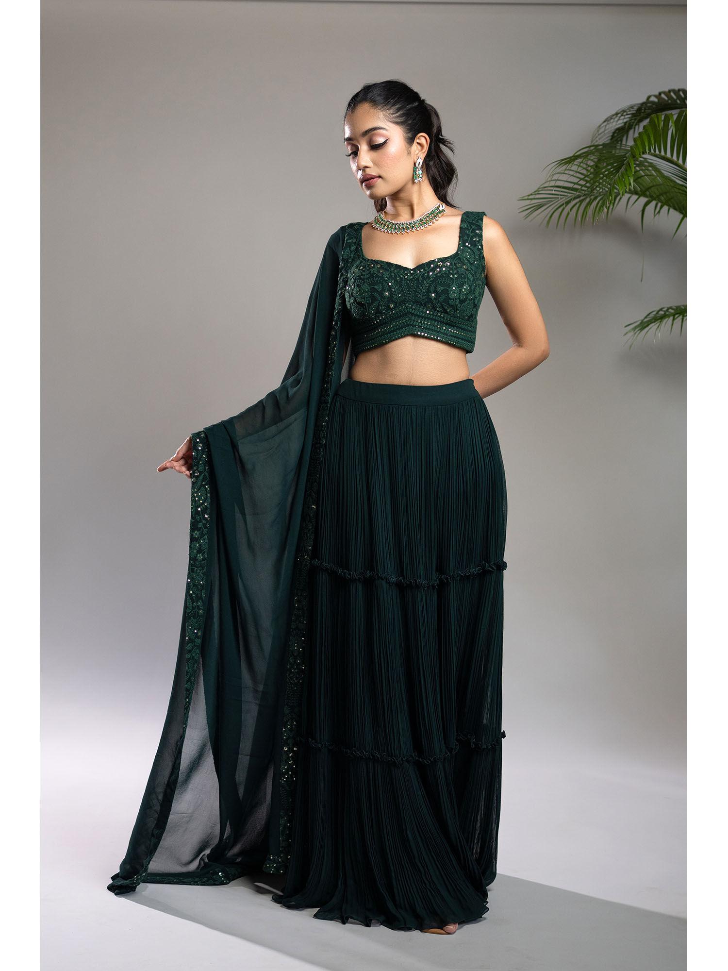 bottle green pleated lehenga blouse & dupatta (set of 3)