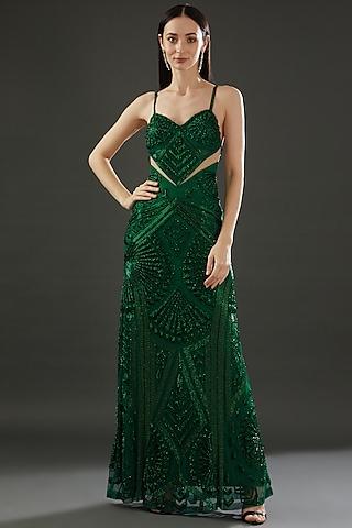 bottle green polyester embellished gown