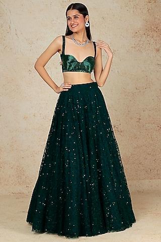 bottle green polyester rayon lehenga set