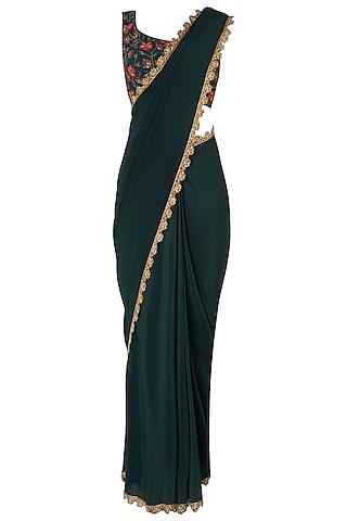 bottle green pre-stitched saree with embroidered blouse