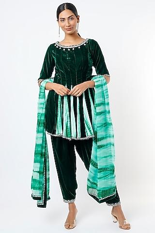 bottle green printed anarkali set