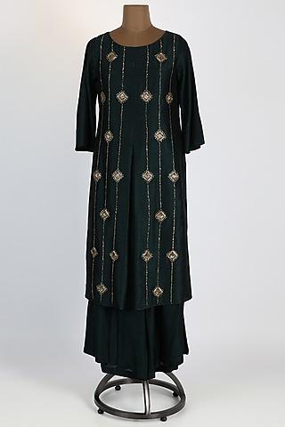 bottle green printed kurta with palazzo pants