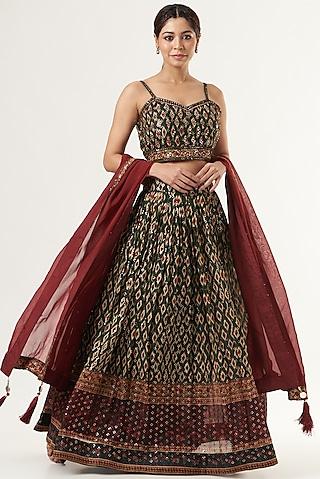 bottle green printed lehenga set