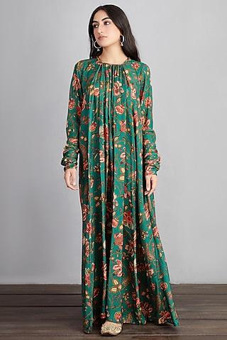 bottle green printed maxi dress