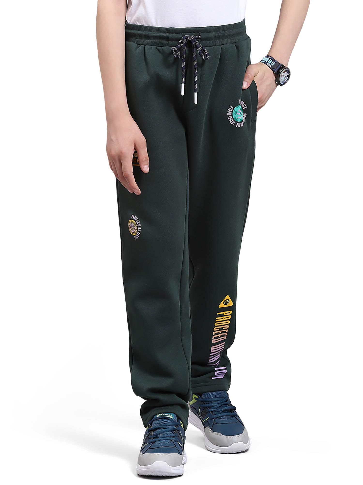 bottle green printed regular fit trousers