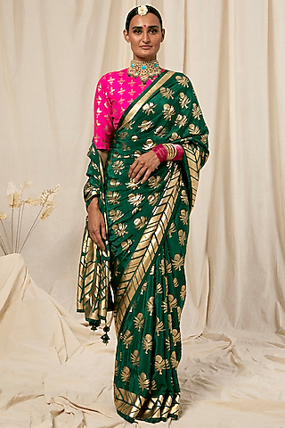 bottle green printed saree