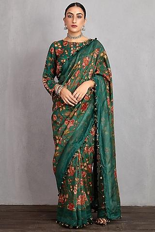 bottle green printed saree