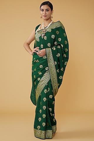 bottle green pure silk banarasi handloom saree set