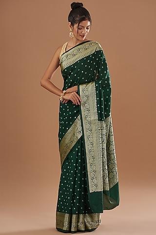 bottle green pure silk handloom zari embroidered & bandhej printed banarasi saree set