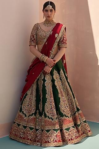 bottle green raw silk applique embroidered lehenga set