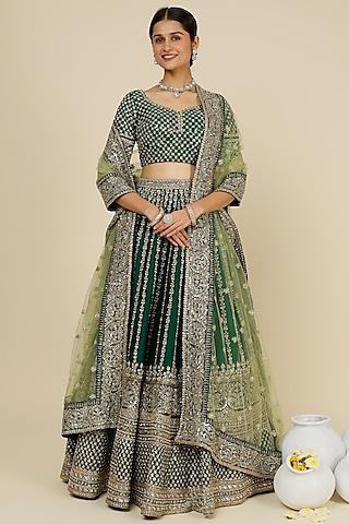 bottle green raw silk embellished aster lehenga set