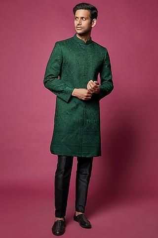 bottle green raw silk embroidered kurta set