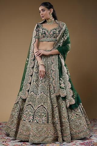 bottle green raw silk machine embroidered lehenga set