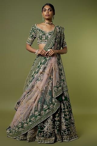 bottle green raw silk zari hand embroidered lehenga set