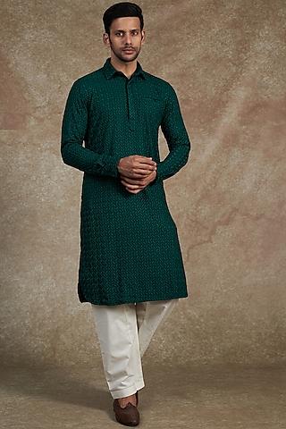 bottle green rayon embroidered pathani kurta set