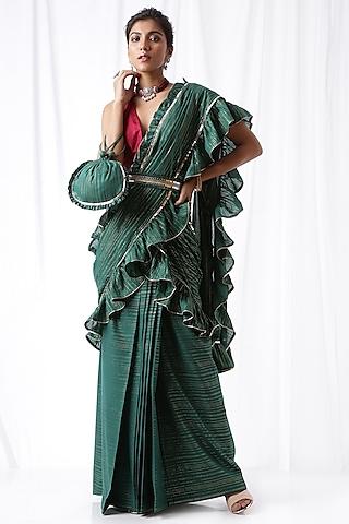 bottle green ruffled zip-up saree with potli bag