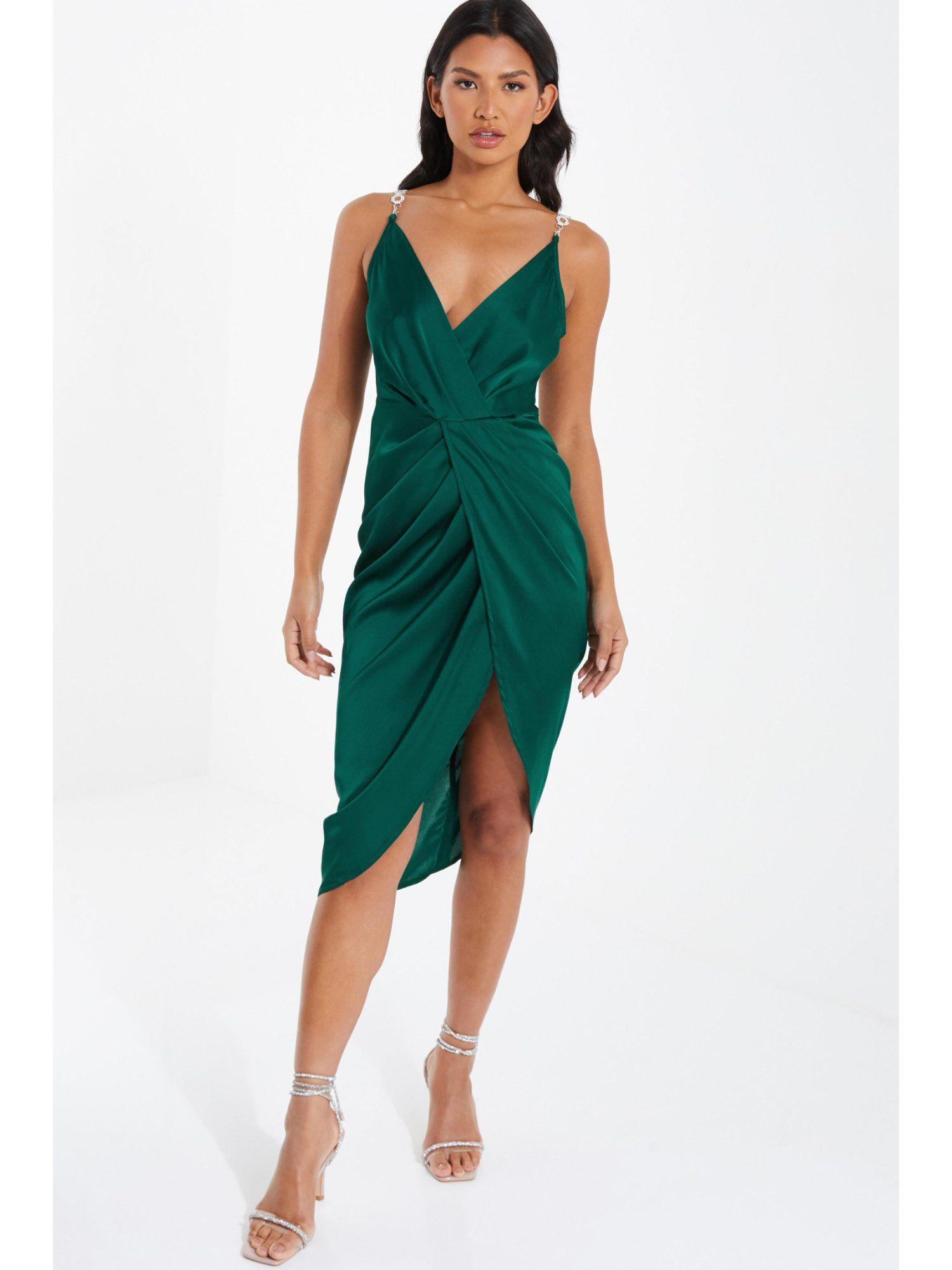 bottle green satin diamante strap ruched front knee dress