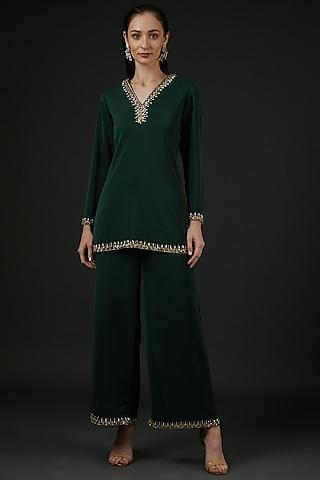 bottle green satin embroidered kurta set