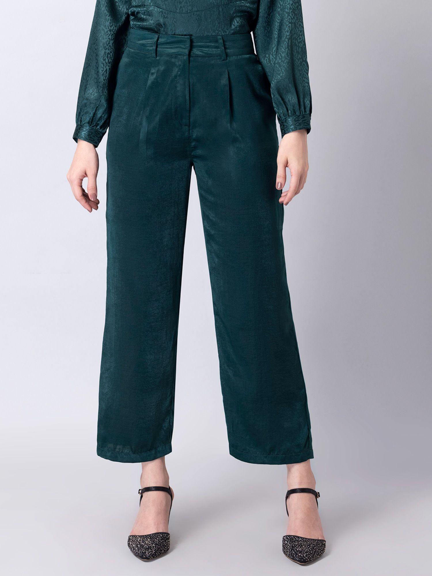 bottle green satin straight trousers