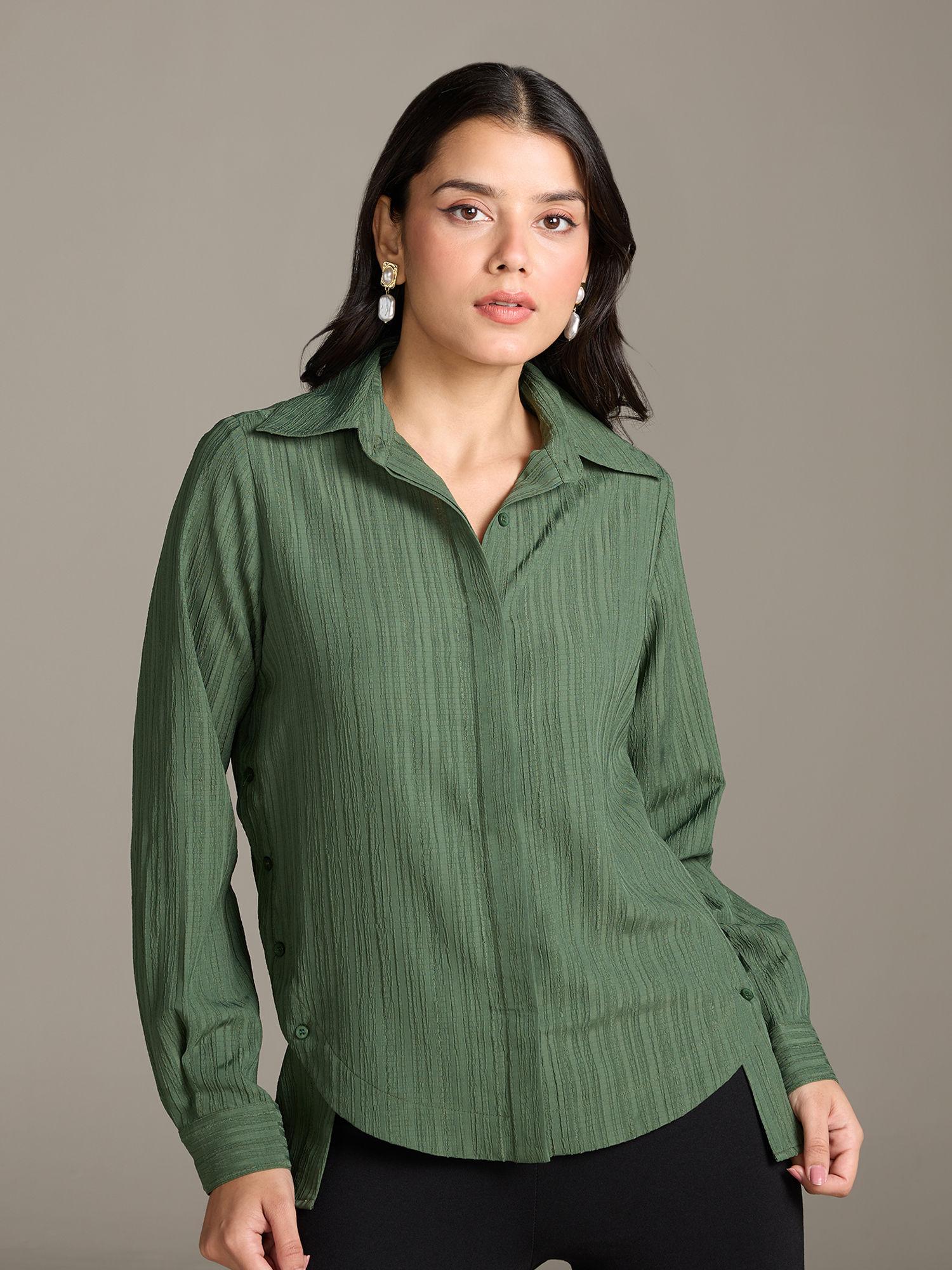 bottle green self design side buttons shirt